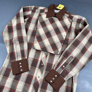 VTG H Bar C Western Shirt Mens Large Brown Red Plaid Bib Calvary Long Tail NWOT